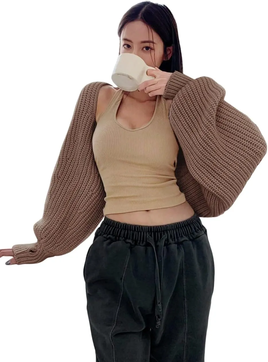 COZYEASE Women's Cropped Cardigan Sweaters Casual Long Lantern Sleeve Open Front Short Bolero Shrugs Chunky Knit Tops