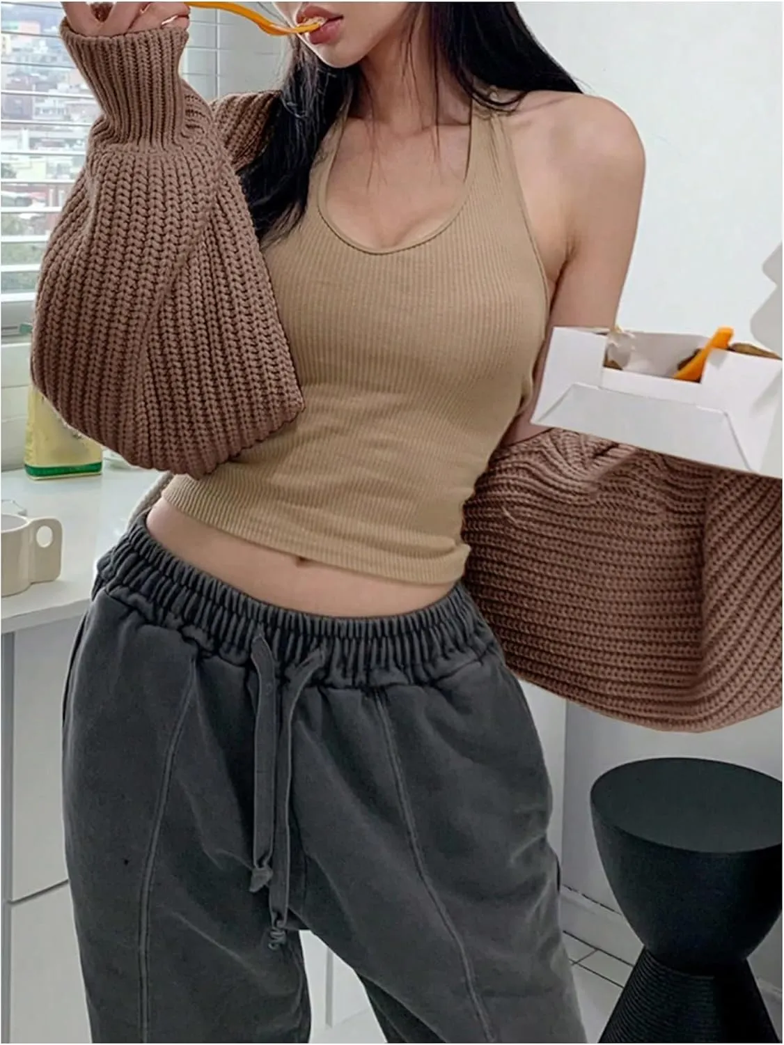 COZYEASE Women's Cropped Cardigan Sweaters Casual Long Lantern Sleeve Open Front Short Bolero Shrugs Chunky Knit Tops