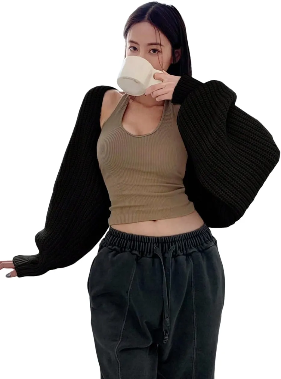COZYEASE Women's Cropped Cardigan Sweaters Casual Long Lantern Sleeve Open Front Short Bolero Shrugs Chunky Knit Tops