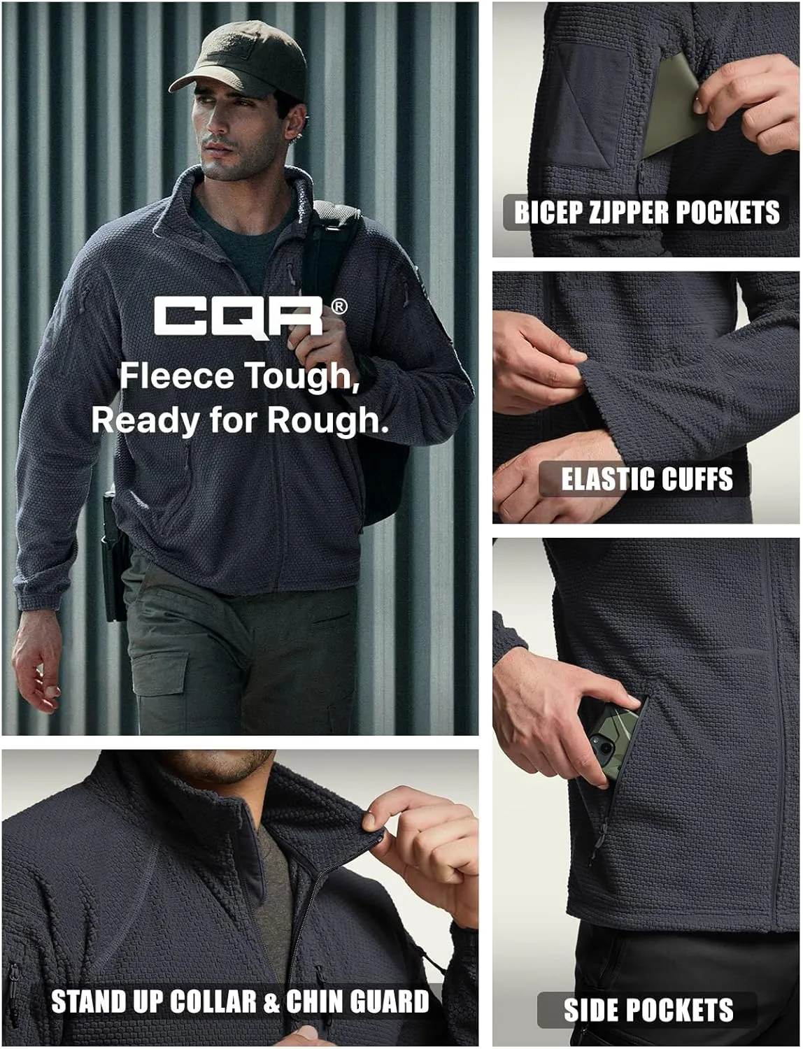 CQR Men's Full-Zip Tactical Jacket, Soft Warm Military Winter Fleece Jackets, Outdoor Coats with Zipper Pockets