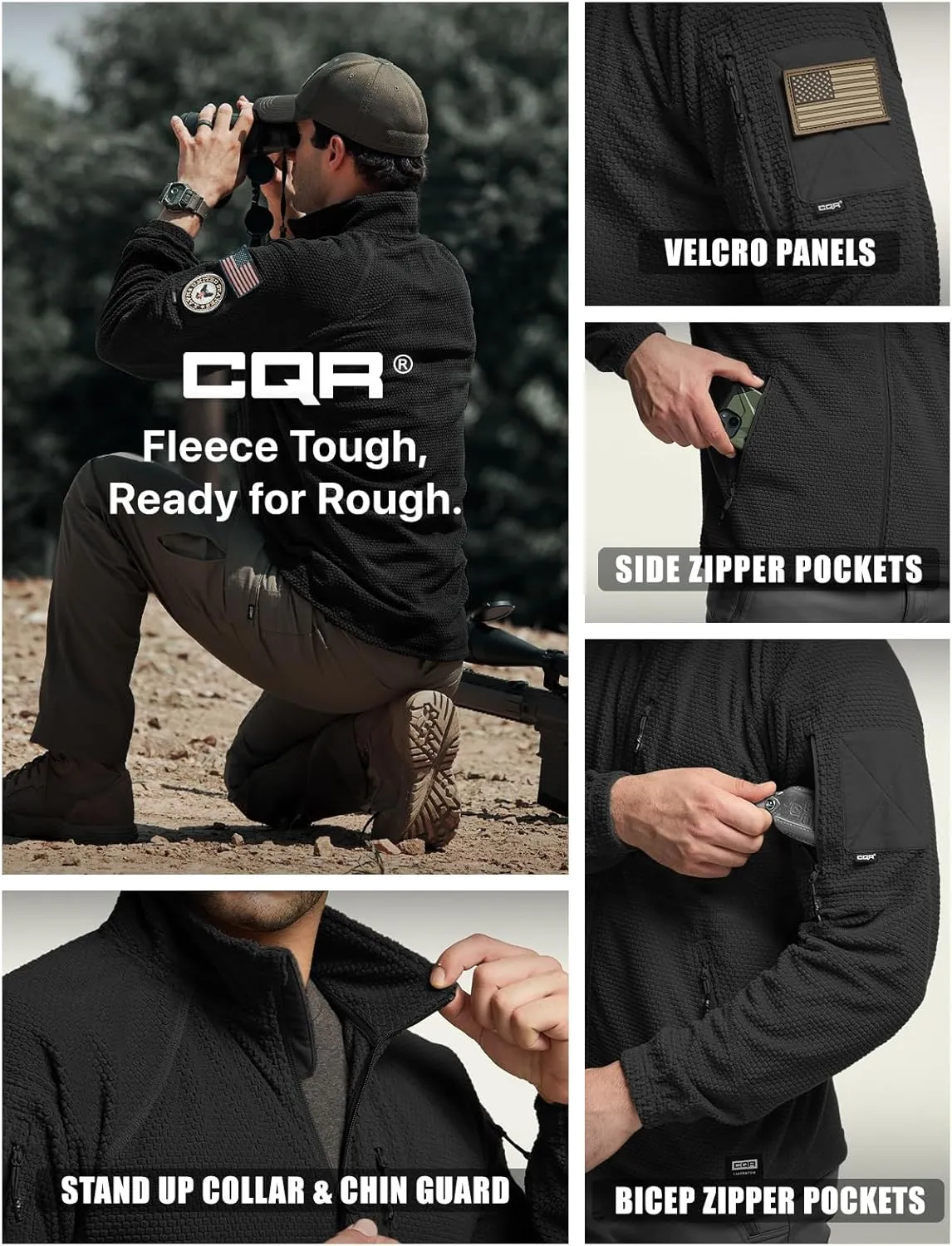 CQR Men's Full-Zip Tactical Jacket, Soft Warm Military Winter Fleece Jackets, Outdoor Coats with Zipper Pockets