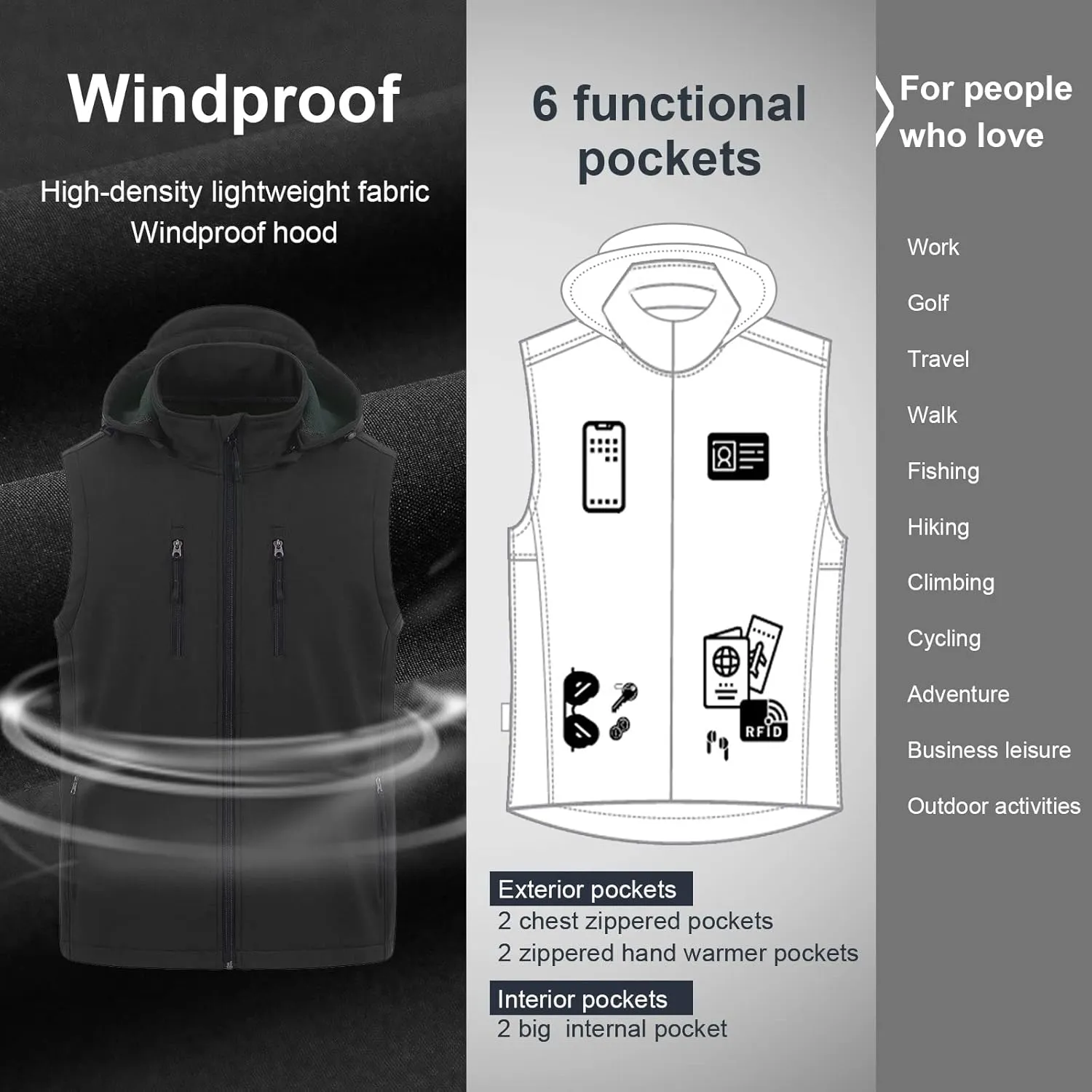 CREATMO US Men's Casual Lightweight Warm Thin Outerwear Vest Windbreaker Sleeveless Jacket With Removable Hood