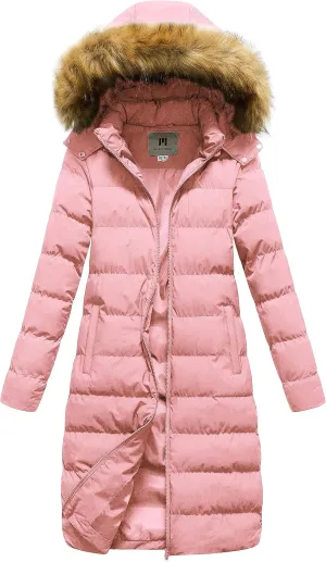CREATMO US Women's Long Winter Faux Fur Coat Puffer Warm Jacket with Detachable Hood