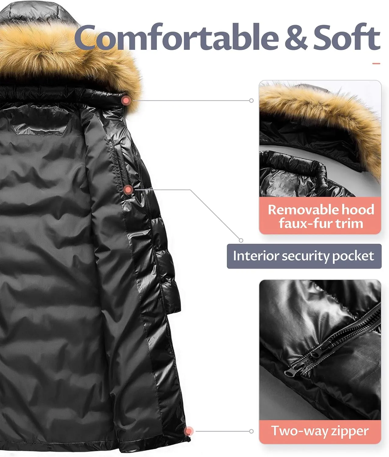CREATMO US Women's Long Winter Faux Fur Coat Puffer Warm Jacket with Detachable Hood