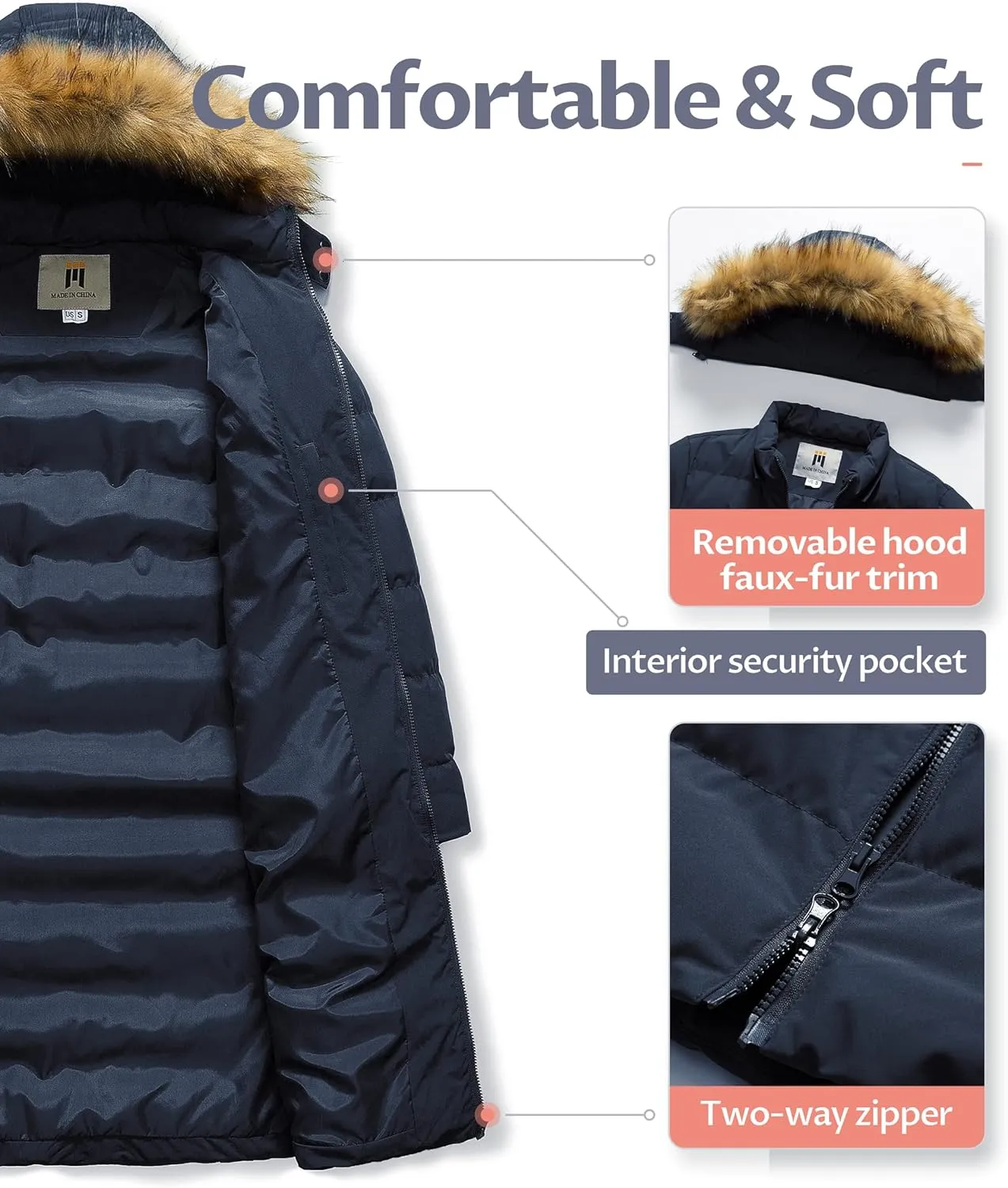 CREATMO US Women's Long Winter Faux Fur Coat Puffer Warm Jacket with Detachable Hood