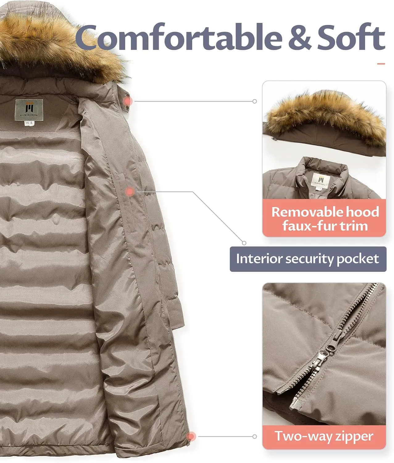 CREATMO US Women's Long Winter Faux Fur Coat Puffer Warm Jacket with Detachable Hood