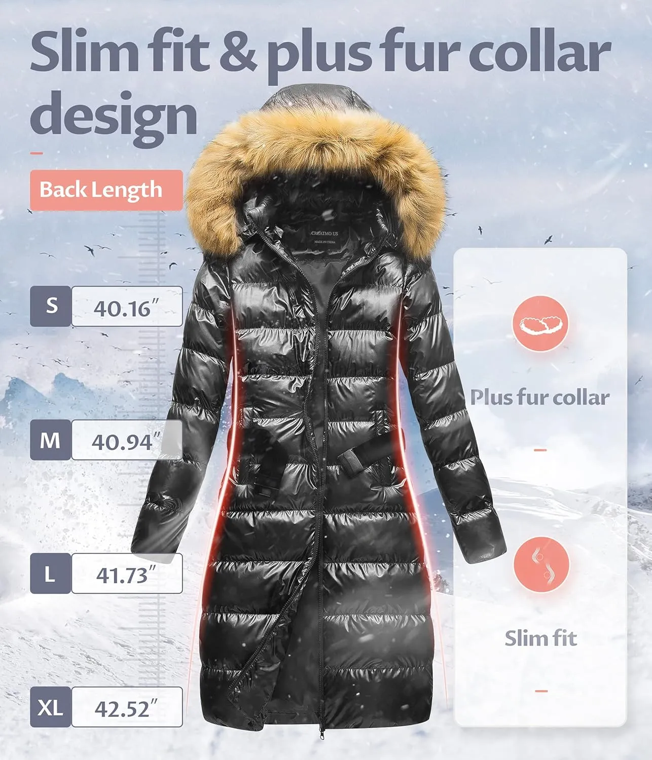 CREATMO US Women's Long Winter Faux Fur Coat Puffer Warm Jacket with Detachable Hood