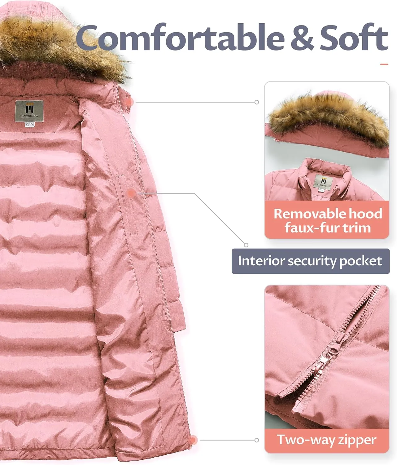 CREATMO US Women's Long Winter Faux Fur Coat Puffer Warm Jacket with Detachable Hood