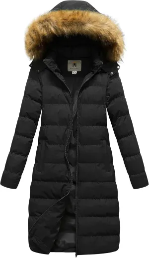 CREATMO US Women's Long Winter Faux Fur Coat Puffer Warm Jacket with Detachable Hood