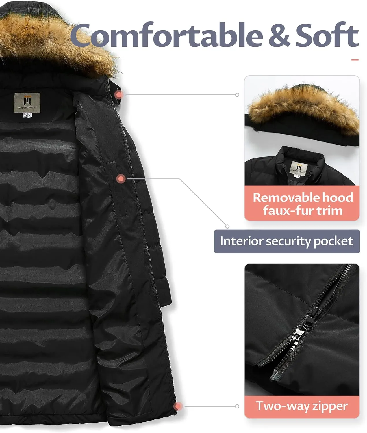 CREATMO US Women's Long Winter Faux Fur Coat Puffer Warm Jacket with Detachable Hood
