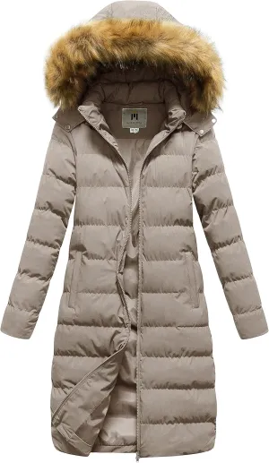 CREATMO US Women's Long Winter Faux Fur Coat Puffer Warm Jacket with Detachable Hood