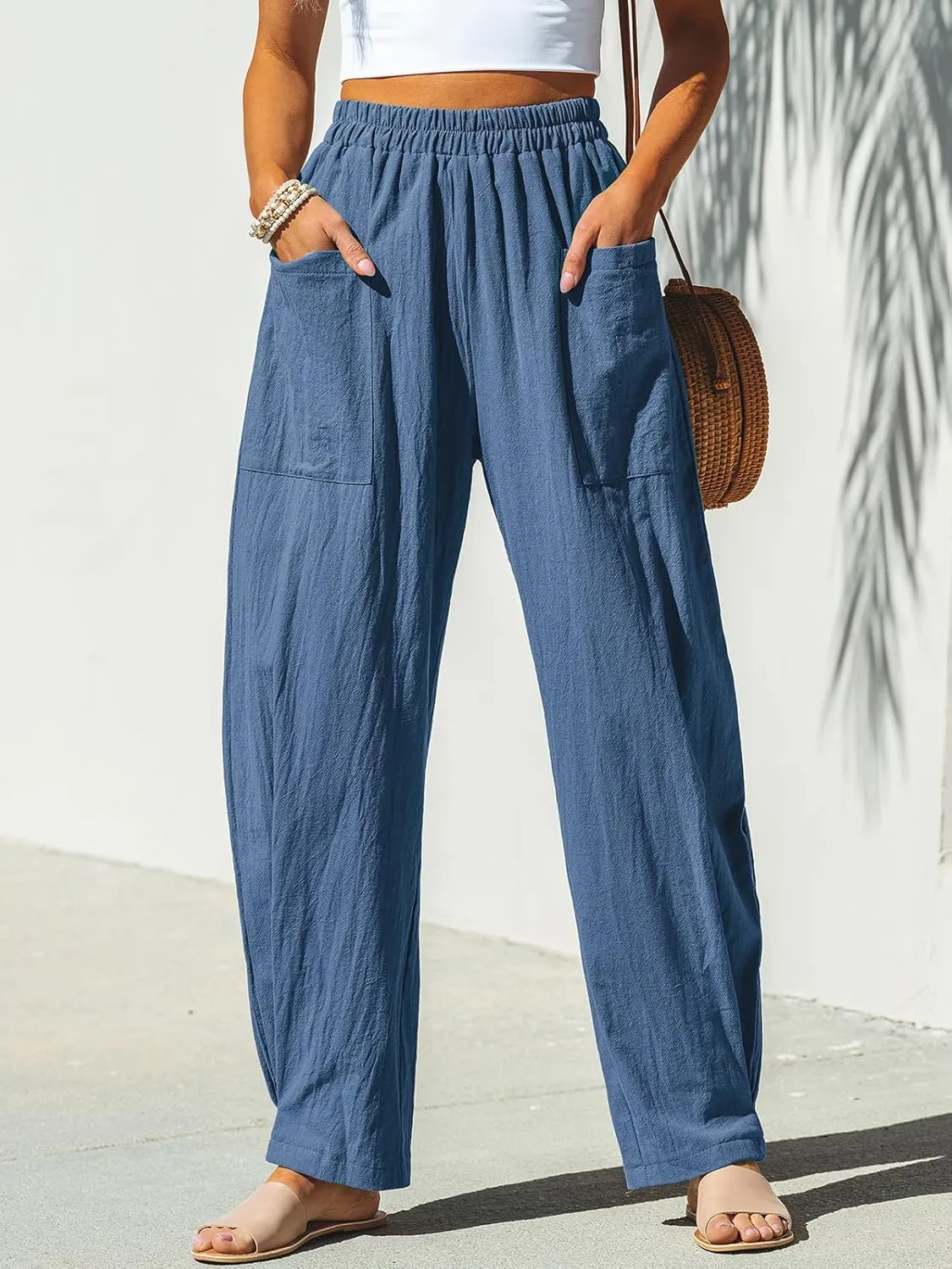 CUPSHE Women Pants Patch Pocket Tapered Leg Elastic Waist Long Pant Casual Beach