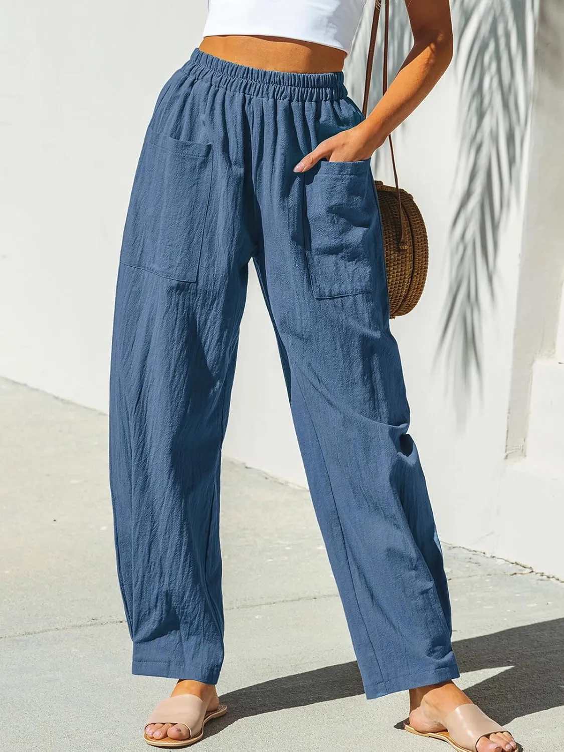 CUPSHE Women Pants Patch Pocket Tapered Leg Elastic Waist Long Pant Casual Beach