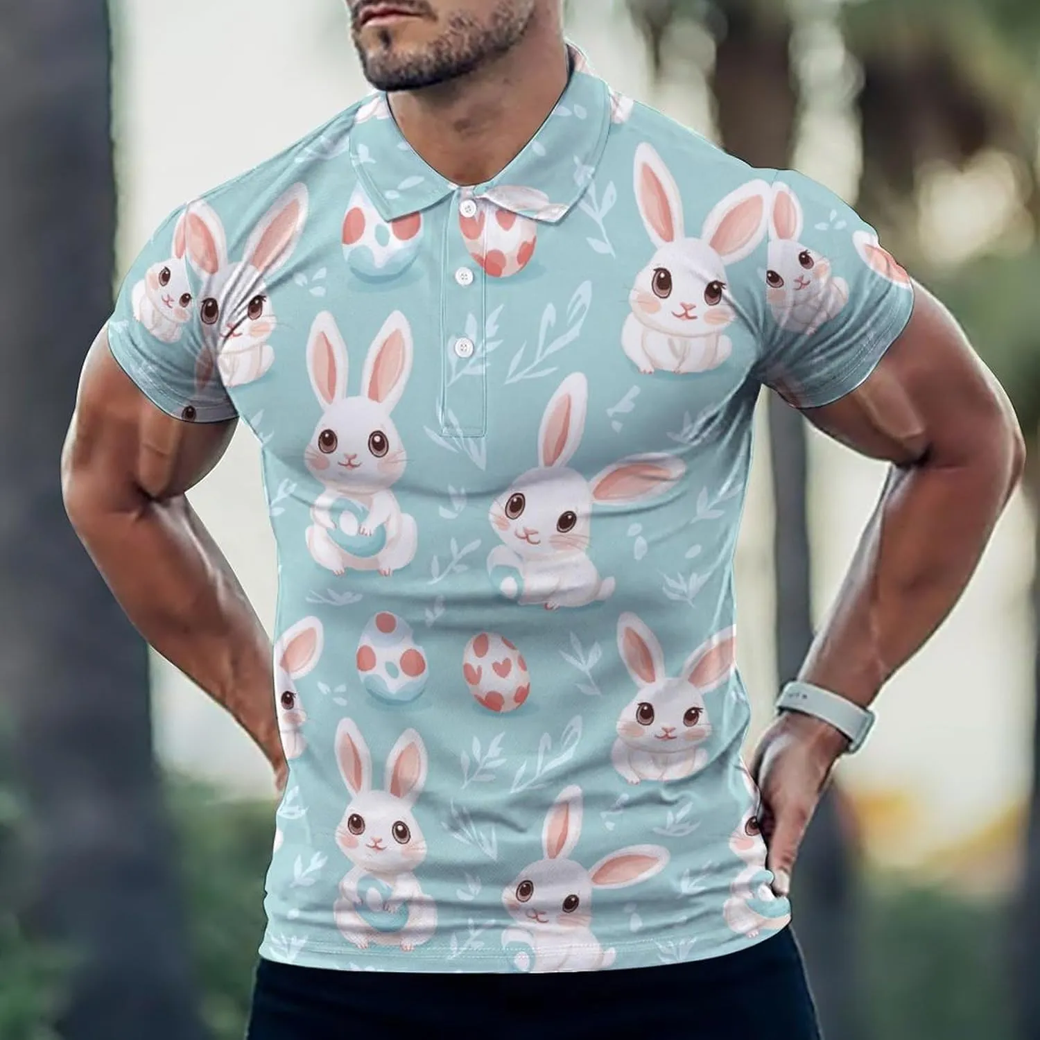Cute Bunny Eggs Easter Slim Fit Men's Short Sleeve Polo Shirts Quick-Dry Breathable Golf T-Shirt Tops