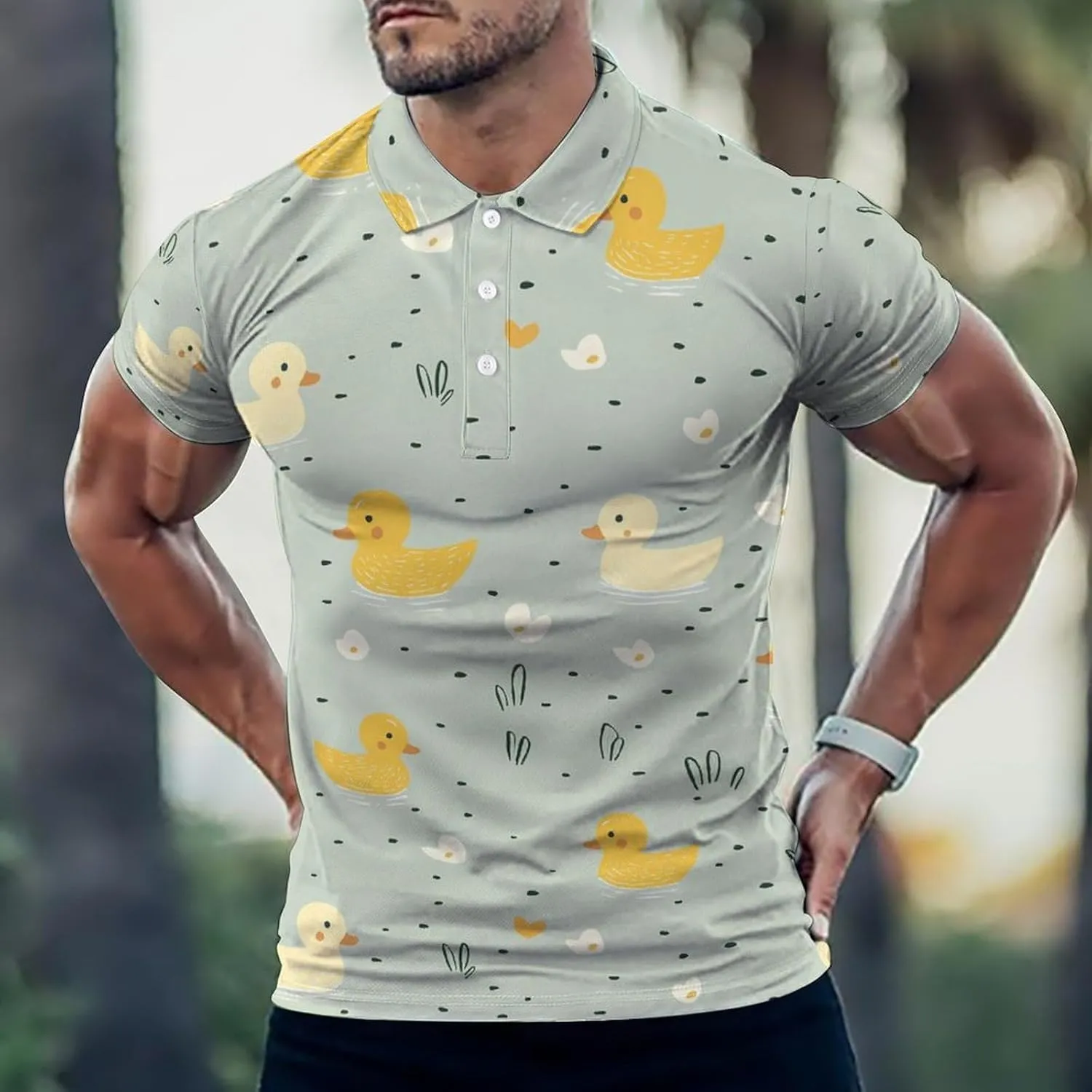 Cute Duck Pattern Slim Fit Men's Short Sleeve Polo Shirts Quick-Dry Breathable Golf T-Shirt Tops