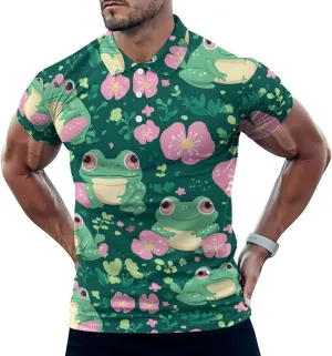 Cute Frogs Flower Slim Fit Men's Short Sleeve Polo Shirts Quick-Dry Breathable Golf T-Shirt Tops