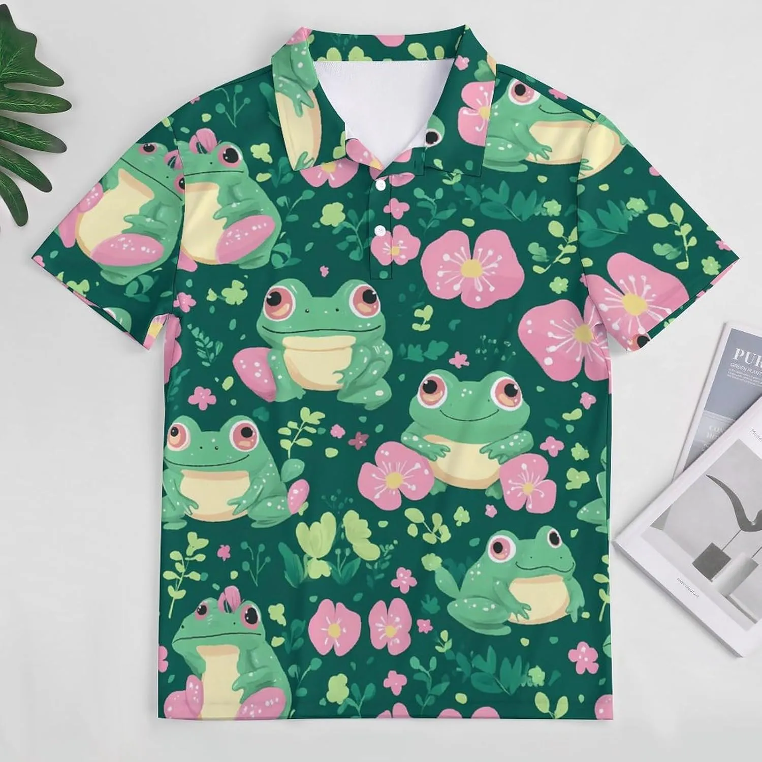 Cute Frogs Flower Slim Fit Men's Short Sleeve Polo Shirts Quick-Dry Breathable Golf T-Shirt Tops