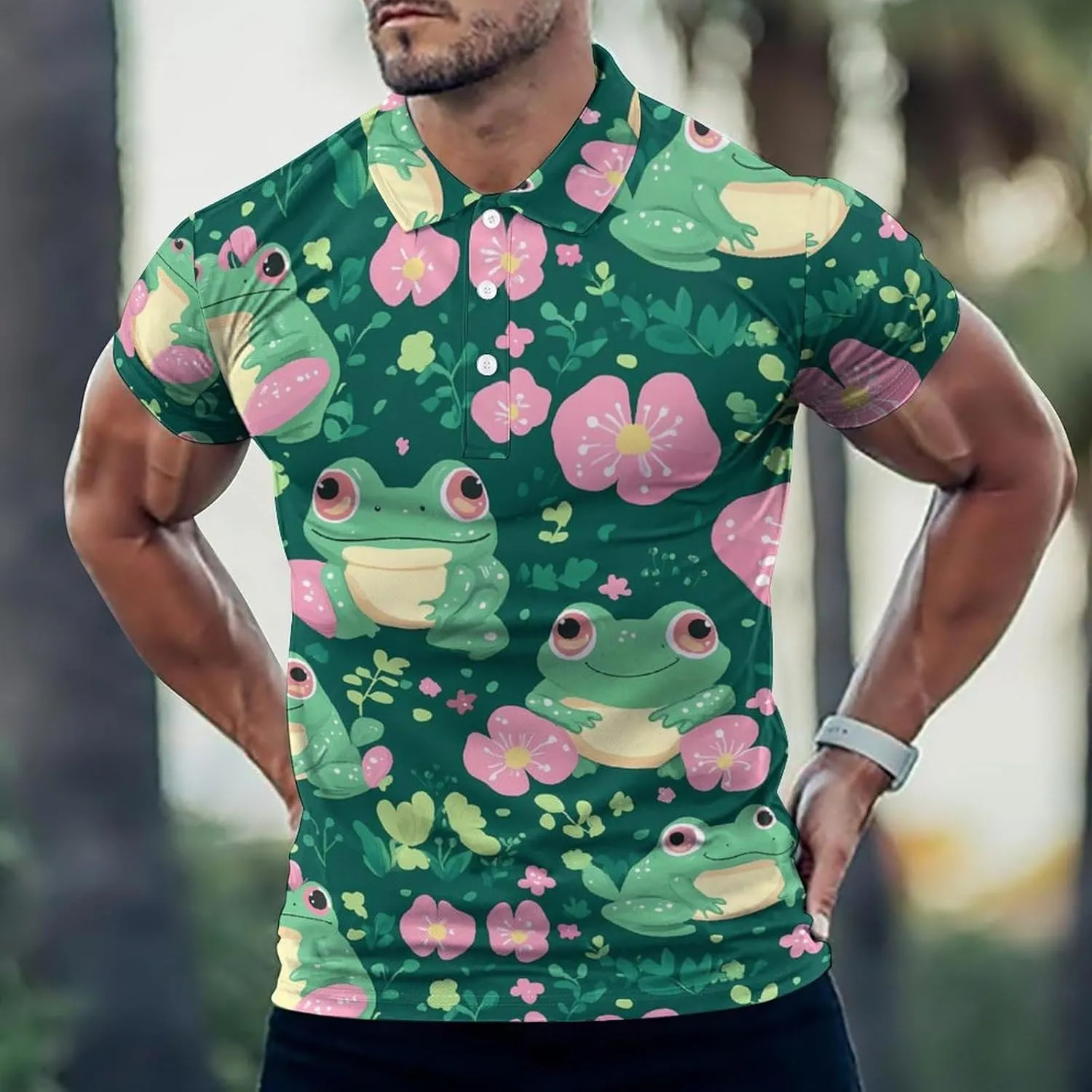 Cute Frogs Flower Slim Fit Men's Short Sleeve Polo Shirts Quick-Dry Breathable Golf T-Shirt Tops