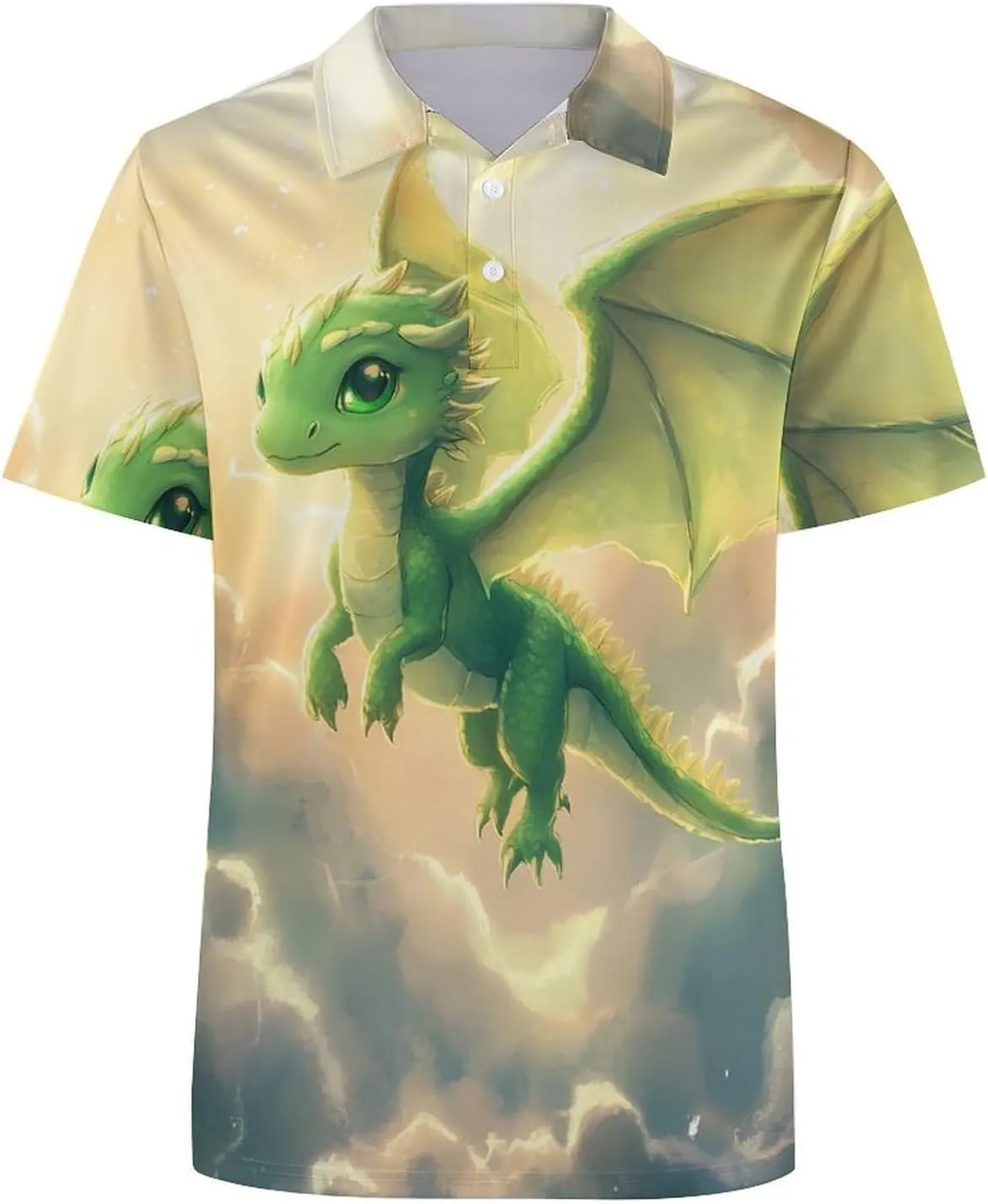 Cute Green Dragon Flying Slim Fit Men's Short Sleeve Polo Shirts Quick-Dry Breathable Golf T-Shirt Tops