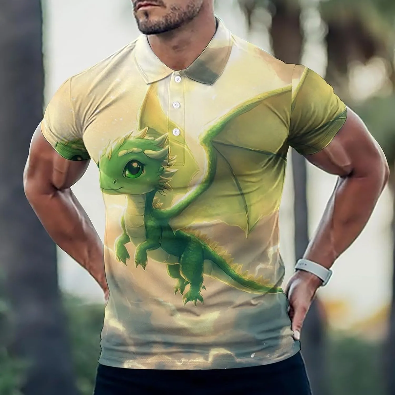 Cute Green Dragon Flying Slim Fit Men's Short Sleeve Polo Shirts Quick-Dry Breathable Golf T-Shirt Tops