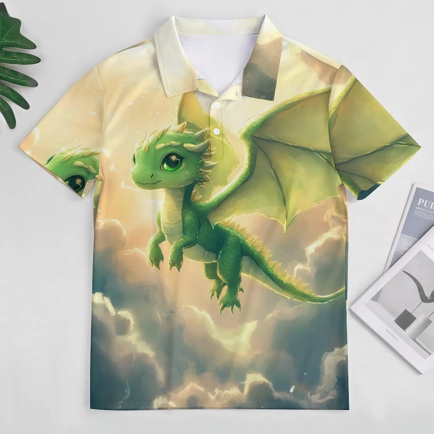 Cute Green Dragon Flying Slim Fit Men's Short Sleeve Polo Shirts Quick-Dry Breathable Golf T-Shirt Tops