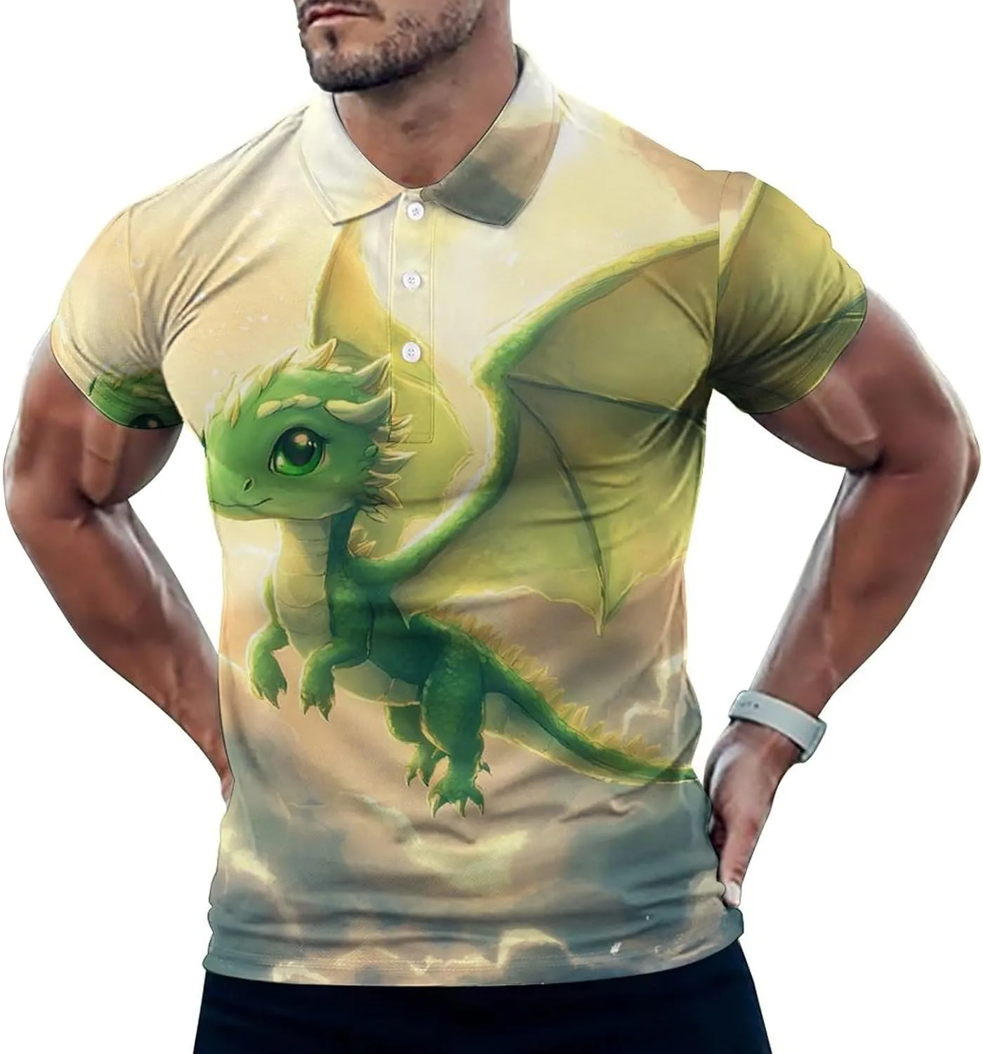 Cute Green Dragon Flying Slim Fit Men's Short Sleeve Polo Shirts Quick-Dry Breathable Golf T-Shirt Tops
