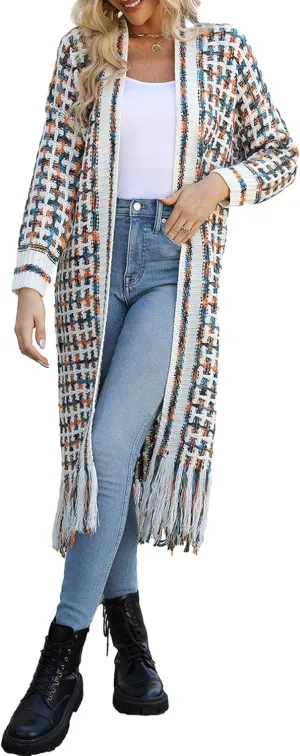 CXINS Women Boho Long Cardigan Sweater Long Sleeve Open Front Fringe Tassel Hem Colorful Rainbow Knit Maxi Sweaters Coat