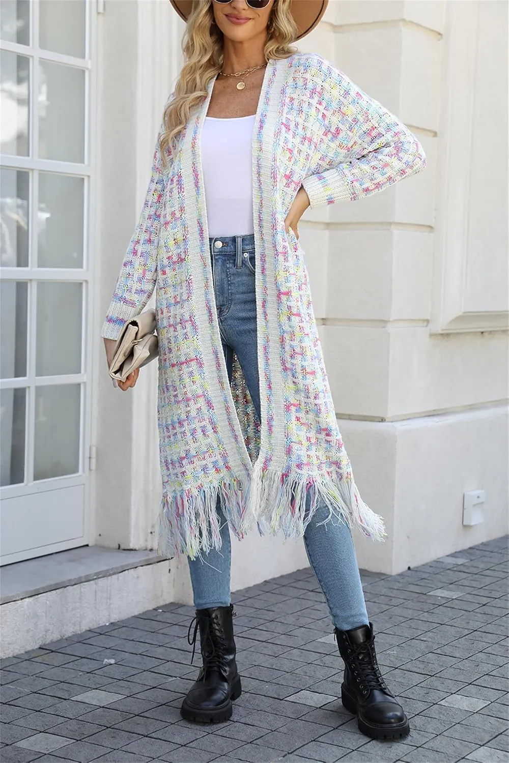 CXINS Women Boho Long Cardigan Sweater Long Sleeve Open Front Fringe Tassel Hem Colorful Rainbow Knit Maxi Sweaters Coat