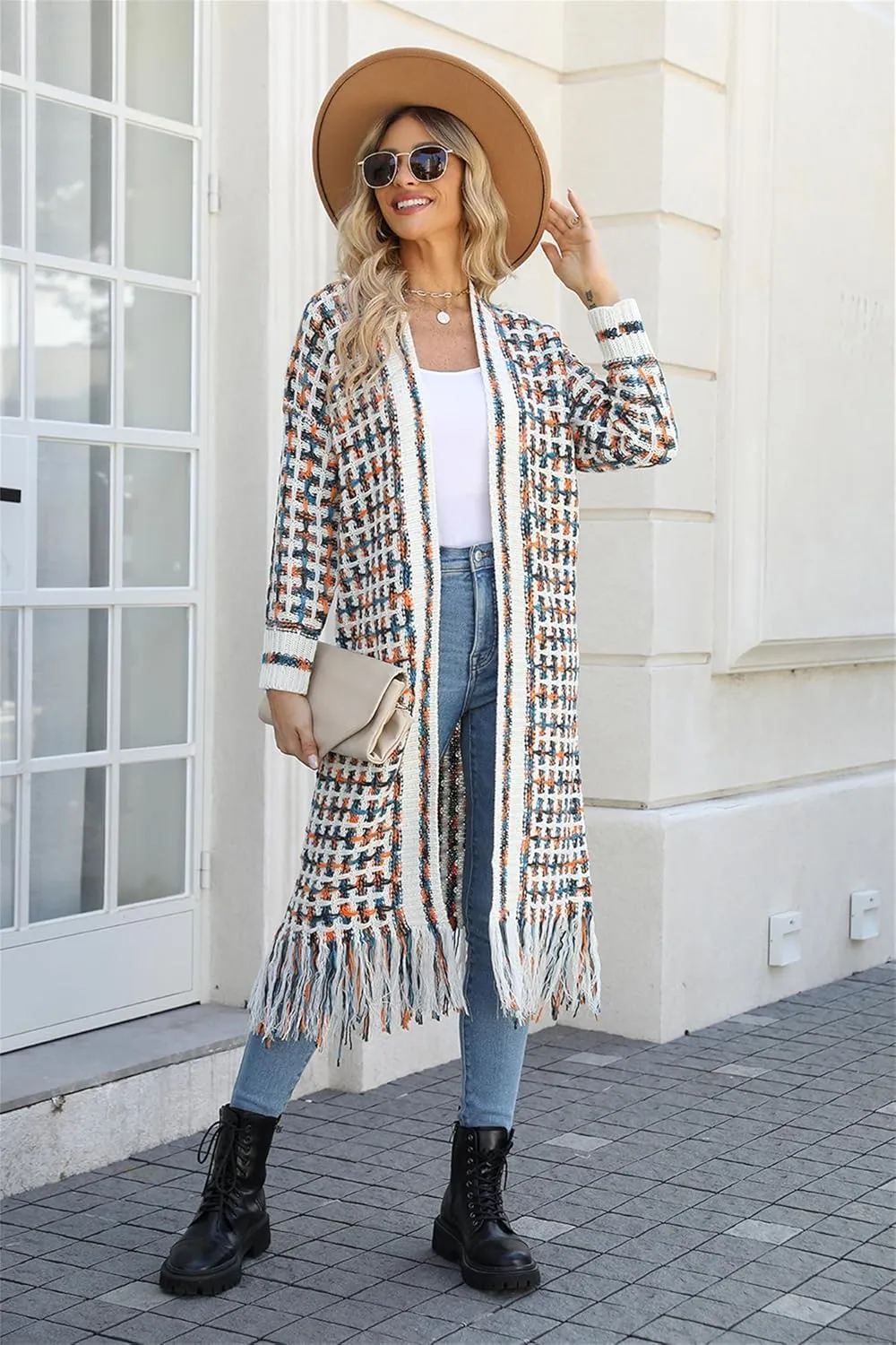 CXINS Women Boho Long Cardigan Sweater Long Sleeve Open Front Fringe Tassel Hem Colorful Rainbow Knit Maxi Sweaters Coat