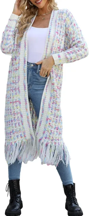 CXINS Women Boho Long Cardigan Sweater Long Sleeve Open Front Fringe Tassel Hem Colorful Rainbow Knit Maxi Sweaters Coat