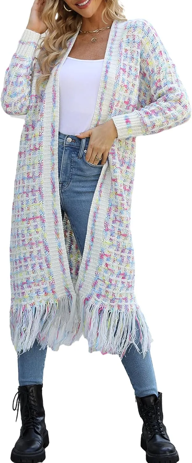 CXINS Women Boho Long Cardigan Sweater Long Sleeve Open Front Fringe Tassel Hem Colorful Rainbow Knit Maxi Sweaters Coat