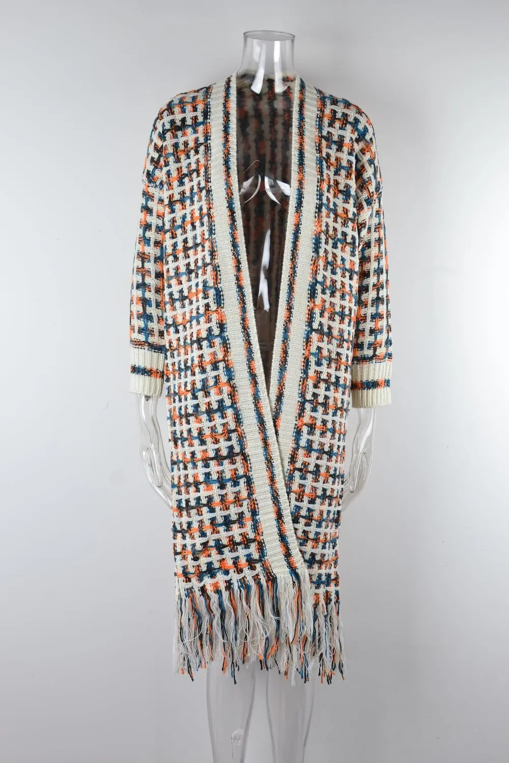 CXINS Women Boho Long Cardigan Sweater Long Sleeve Open Front Fringe Tassel Hem Colorful Rainbow Knit Maxi Sweaters Coat