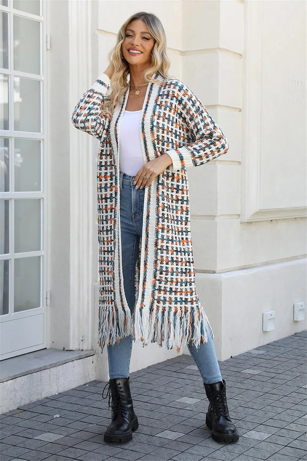 CXINS Women Boho Long Cardigan Sweater Long Sleeve Open Front Fringe Tassel Hem Colorful Rainbow Knit Maxi Sweaters Coat