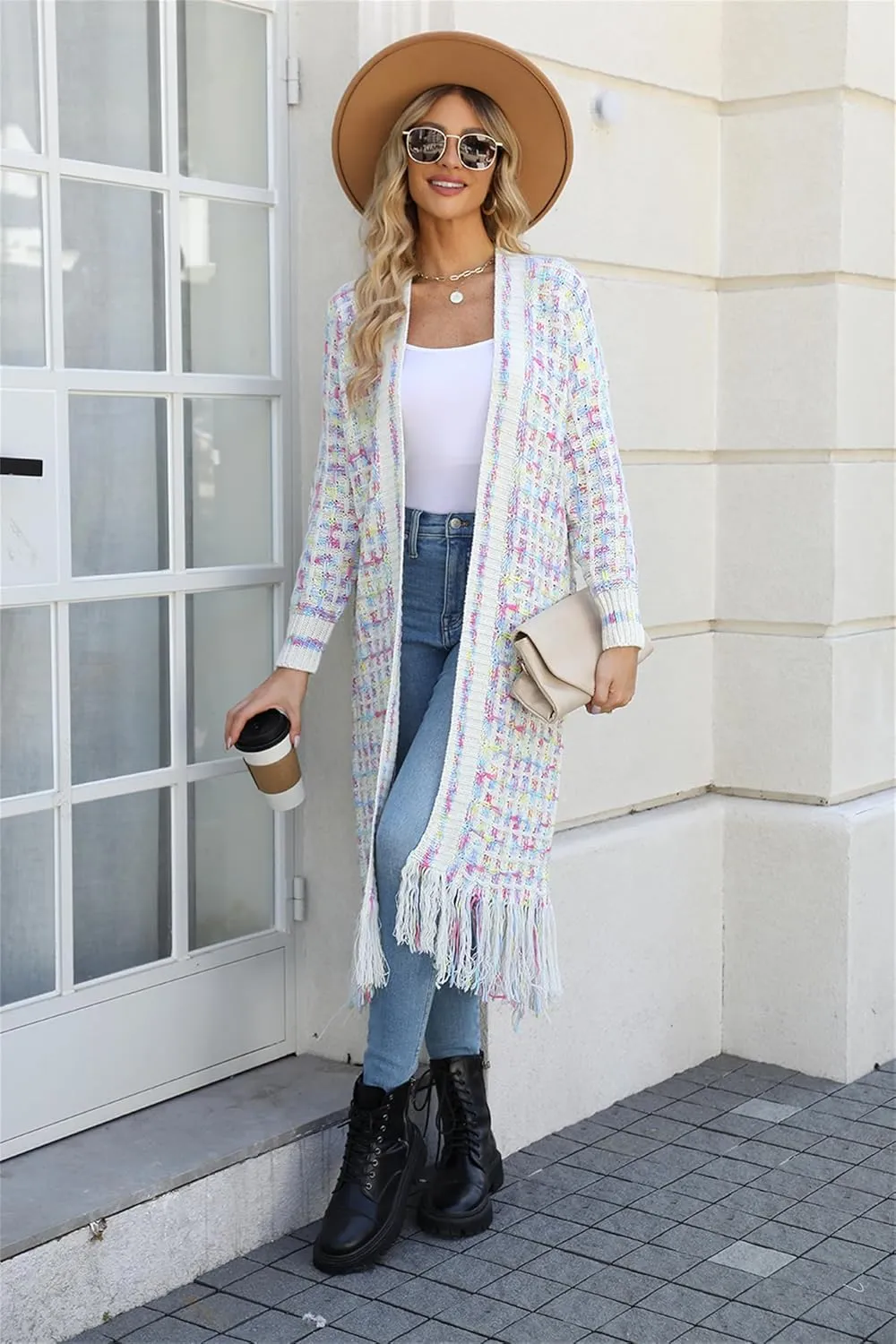 CXINS Women Boho Long Cardigan Sweater Long Sleeve Open Front Fringe Tassel Hem Colorful Rainbow Knit Maxi Sweaters Coat