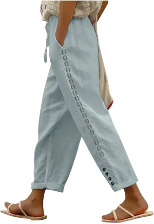 DASAYO Cotton Linen Pants Women Trendy Drawstring Elastic Waist Comfy Casual Trousers Ladies Boho Beach Pants with Pockets