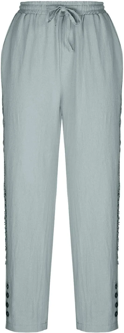 DASAYO Cotton Linen Pants Women Trendy Drawstring Elastic Waist Comfy Casual Trousers Ladies Boho Beach Pants with Pockets