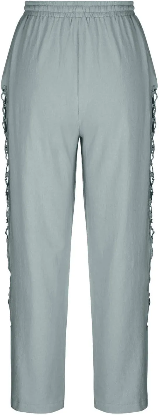 DASAYO Cotton Linen Pants Women Trendy Drawstring Elastic Waist Comfy Casual Trousers Ladies Boho Beach Pants with Pockets