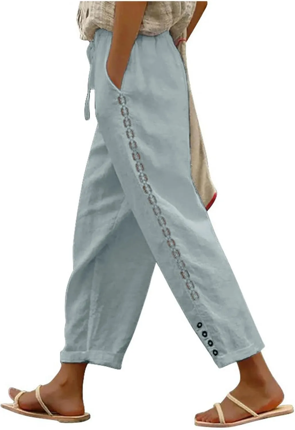 DASAYO Cotton Linen Pants Women Trendy Drawstring Elastic Waist Comfy Casual Trousers Ladies Boho Beach Pants with Pockets