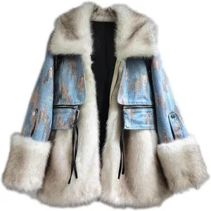 Dawery Women's Cotton-Padded Coat Patchwork Denim Spliced Soft Plush Sequin Long Sleeve Jackets Winter