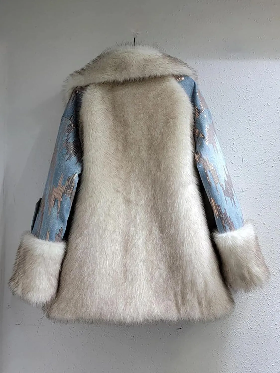 Dawery Women's Cotton-Padded Coat Patchwork Denim Spliced Soft Plush Sequin Long Sleeve Jackets Winter
