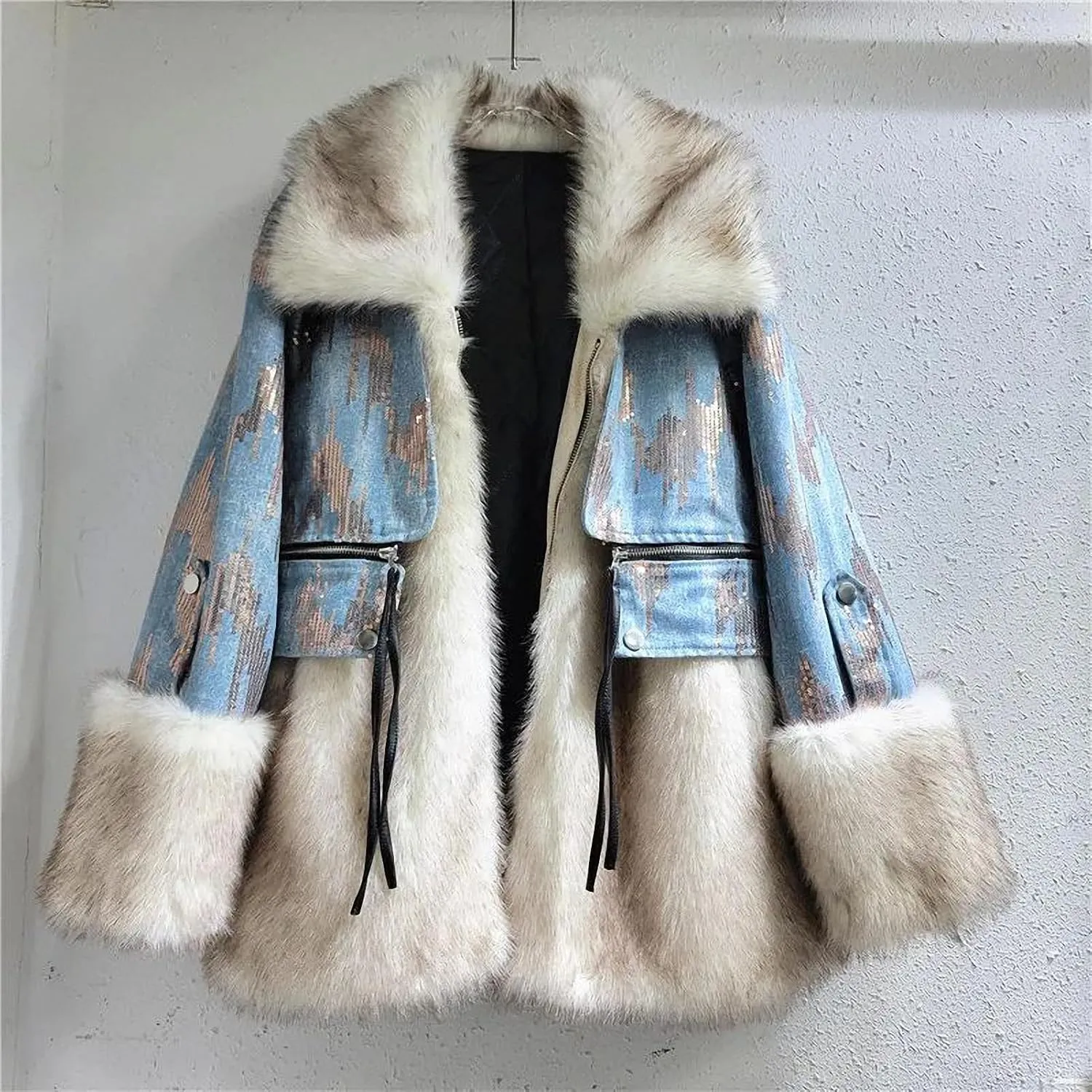 Dawery Women's Cotton-Padded Coat Patchwork Denim Spliced Soft Plush Sequin Long Sleeve Jackets Winter