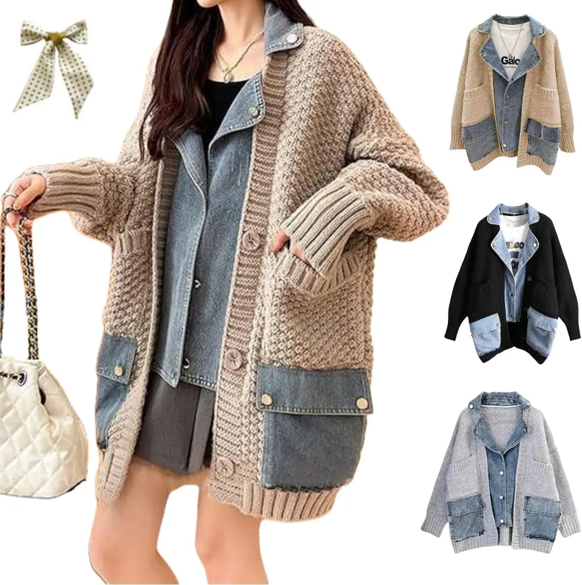 Dearlassie Denim Cardigan with Pockets,Oversized Lapels Splicing Loose Jean Sweaters Cardigan,Fashion Contrast Button Jacket
