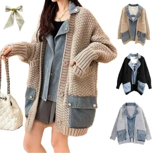 Dearlassie Denim Cardigan with Pockets,Oversized Lapels Splicing Loose Jean Sweaters Cardigan,Fashion Contrast Button Jacket