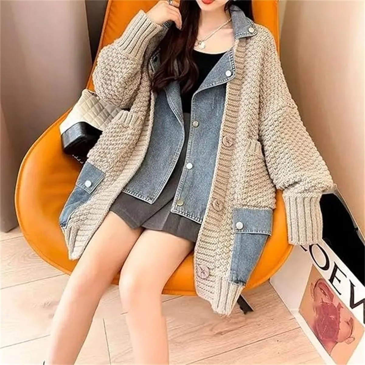 Dearlassie Denim Cardigan with Pockets,Oversized Lapels Splicing Loose Jean Sweaters Cardigan,Fashion Contrast Button Jacket