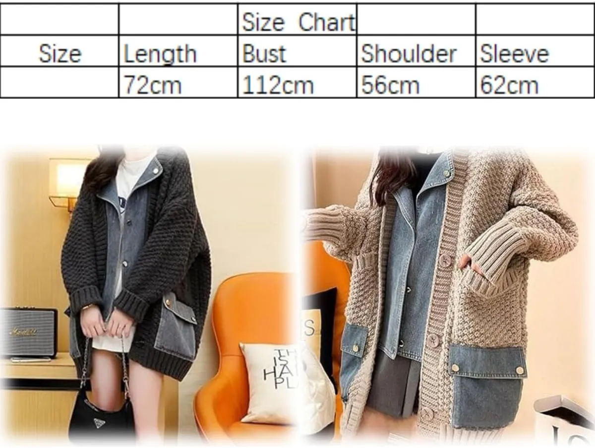 Dearlassie Denim Cardigan with Pockets,Oversized Lapels Splicing Loose Jean Sweaters Cardigan,Fashion Contrast Button Jacket