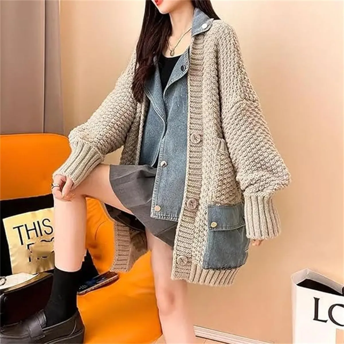 Dearlassie Denim Cardigan with Pockets,Oversized Lapels Splicing Loose Jean Sweaters Cardigan,Fashion Contrast Button Jacket