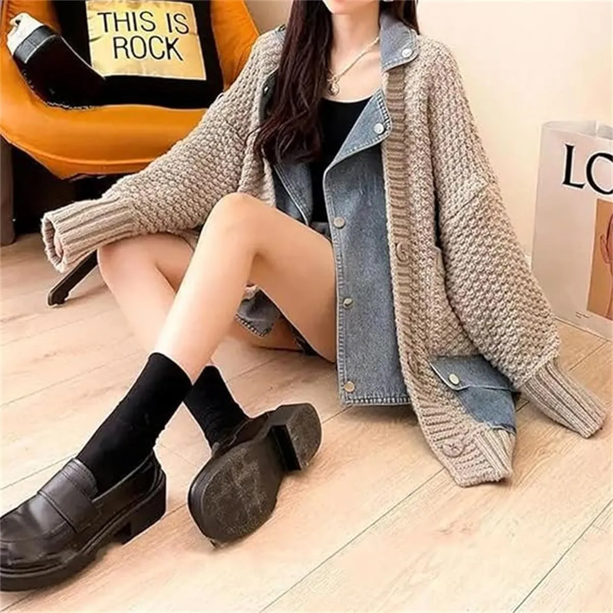 Dearlassie Denim Cardigan with Pockets,Oversized Lapels Splicing Loose Jean Sweaters Cardigan,Fashion Contrast Button Jacket