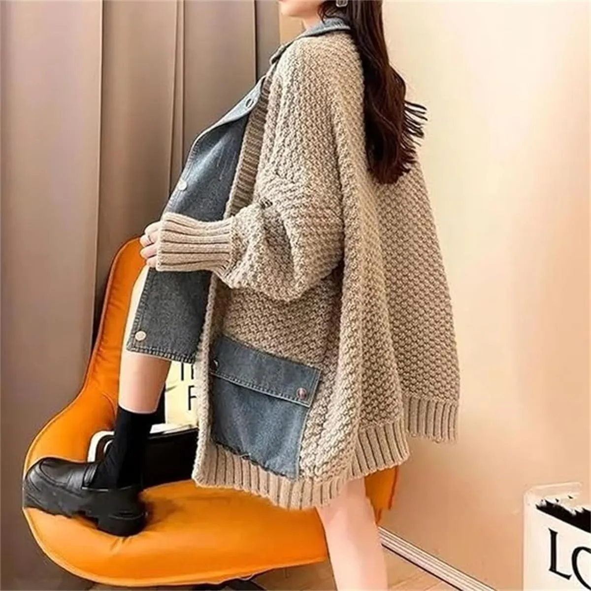 Dearlassie Denim Cardigan with Pockets,Oversized Lapels Splicing Loose Jean Sweaters Cardigan,Fashion Contrast Button Jacket