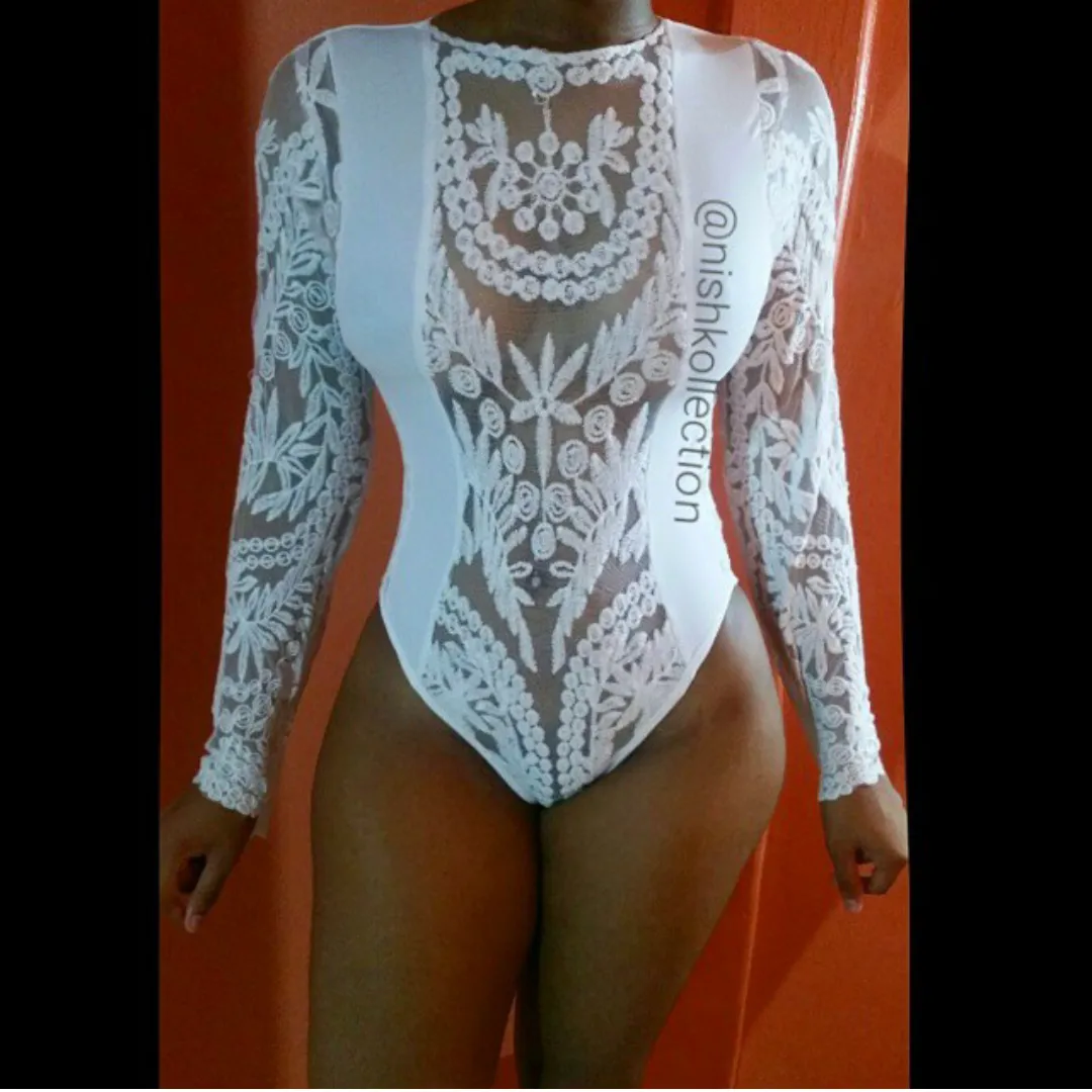 Delilah Embroidery Sheer Lace Long Sleeve Swimsuit