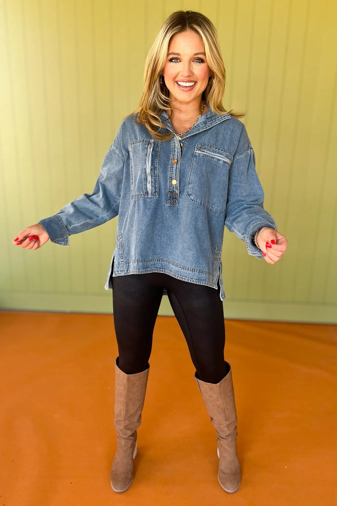 Denim Half Button Down Front Pocket Tunic Top